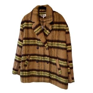 NEW Vigoss Brown Yellow Double-Breasted Pea Coat Stripes Fuzzy L